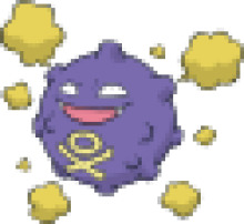A Purple Pokémon with a Yellow X, Surrounded by Yellow Bubbles, Smiling and Floating in the Air.