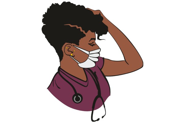 A Medical Professional in a Purple Uniform, Wearing a Face Mask and Stethoscope, with a Stylized Portrait