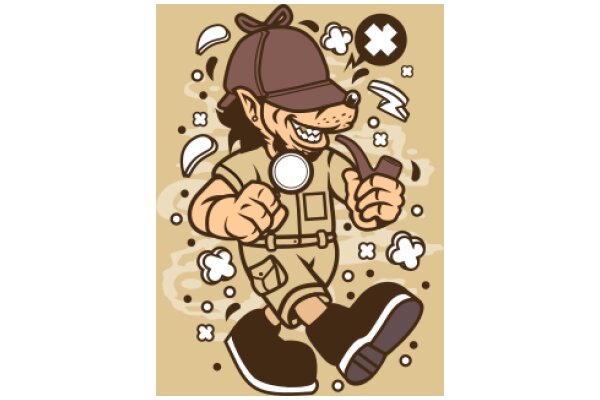 A Whimsical Illustration of a Detective Dog in a Brown Cap and Shoes, Surrounded by a Cloud of Thought Bubbles and a Smiley Face.