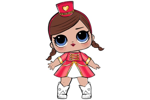 A Cute Cartoon Character in a Pink Dress and Red Hat, Standing on a White Surface.