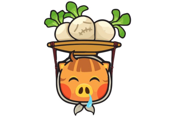 A Delightful Illustration of a Pig's Dream: A Basket of Vegetables and a Smiling Piggy Bank