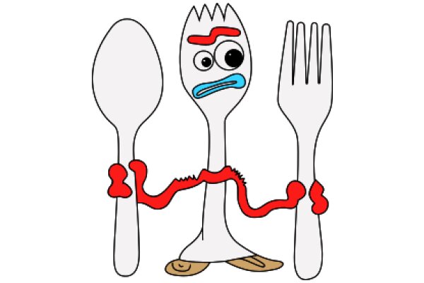 A Playful Illustration of a Spoon and Fork with a Twist: A Cartoon Character with a Surprising Expression!