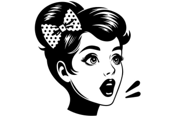 Stylized Illustration of a Woman with a Polka Dot Bow and an Excited Expression