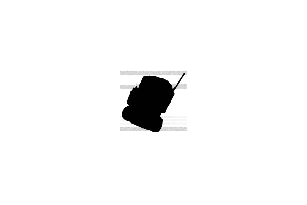 A black silhouette of a hand-held walkie-talkie against a striped background.