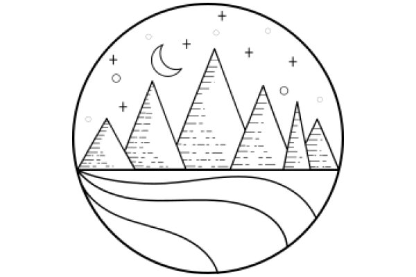A serene night scene with mountains and a crescent moon, set against a starry sky.