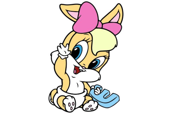 Adorable Cartoon Character: A Yellow and Pink Bunny with a Pink Bow and a Blue Letter 'U' in its Paws
