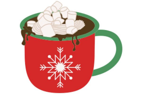 Holiday-themed illustration of a cup filled with marshmallows and a snowflake design, set against a white background.