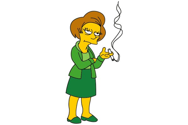 A Cartoon Character with a Cigarette, Dressed in Green and Yellow, Standing Against a White Background.