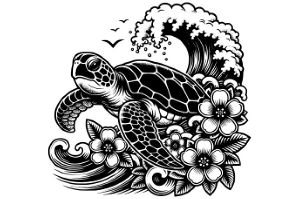 Illustration of a Sea Turtle Surfing a Wave with Flowery Accents