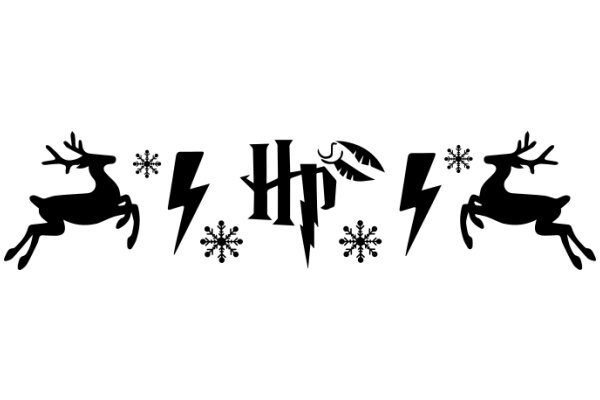 Stylized Silhouette of a Deer, Lightning Bolt, and Snowflake Design