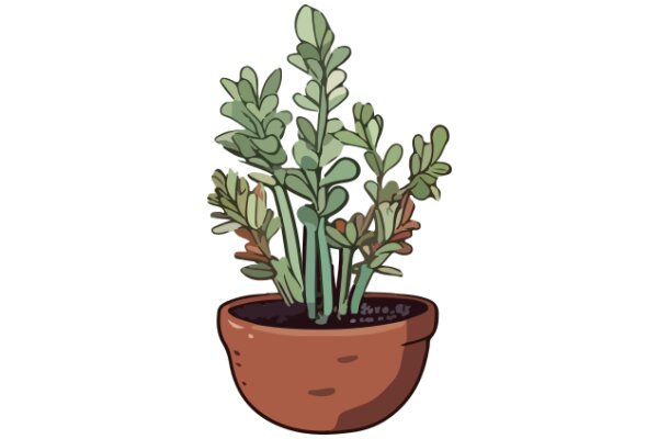 A Vibrant Potted Plant with a Variety of Leaves and Stems, Illustrated in a Cartoon Style.