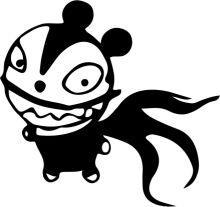 A Playful Black and White Cartoon of a Cat with a Smile and a Tail, Floating in a White Background.