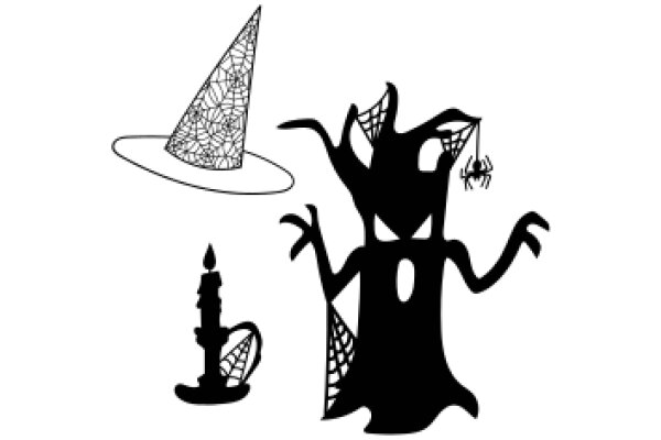 A Silhouette of a Spooky Scene with a Witch, a Spider, and a Cone-Shaped Hat
