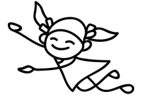Whimsical Line Drawing of a Smiling Cartoon Character with Wings and a Bow, Floating in a White Background
