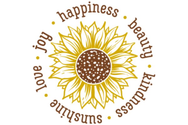 A Sunflower Emblem with the Words 'Happiness, Beauty, Joy, Love, Kindness, Ssaupiness' Surrounding It