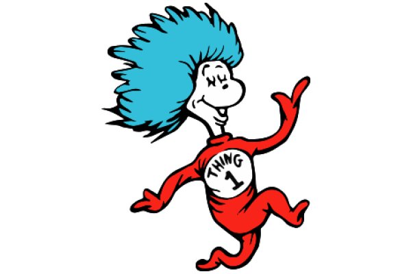 Whimsical Cartoon Character: A Blue-Haired Creature with a Red Outfit and the Word 'Thing' on It, Seemingly in Motion