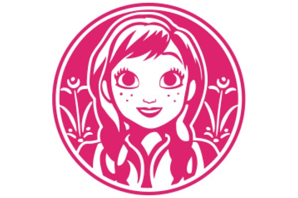 Stylized Portrait of a Girl with Pink Hair and Eyes, Surrounded by Floral Designs