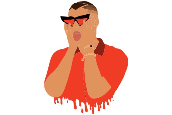 Stylish Fashion Illustration: A Man in a Red Shirt and Sunglasses with a Surprised Expression