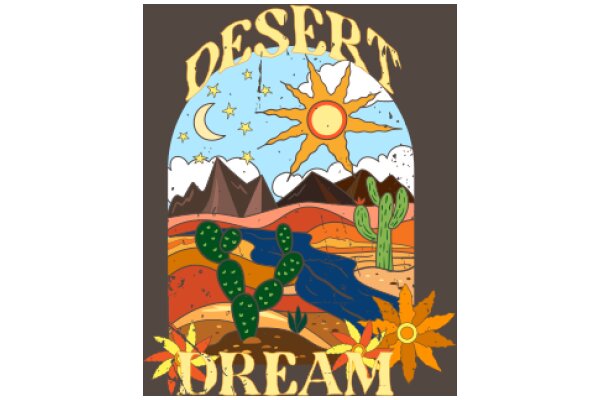 Desert Dream: A Vibrant Illustration of a Desert Landscape with the Word 'Dream' in a Stylized Font