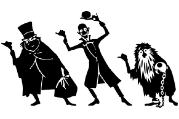 A Silhouette of a Mysterious Character, a Gentleman, and a Beast, Each Holding a Unique Object, Set against a White Background.