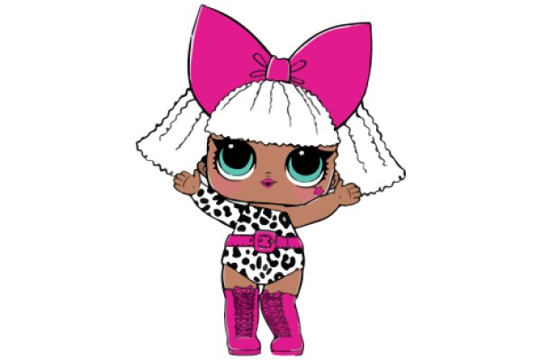 A Playful Cartoon of a Character with Pink Hair and a Pink Bow, Wearing a Pink and Black Dress and Pink Boots, Standing Against a White Background.