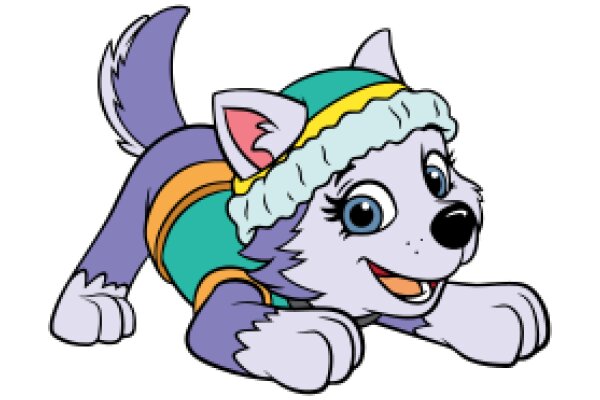 Adorable Cartoon Wolf Pup with a Festive Hat and a Joyful Expression