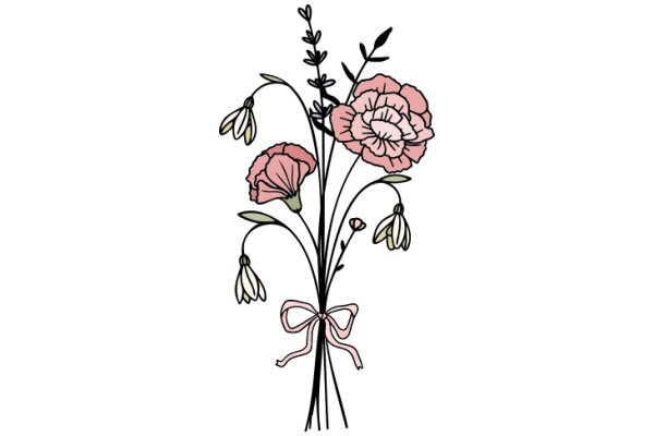 A Bouquet of Flower Illustrations with a Pink Ribbon