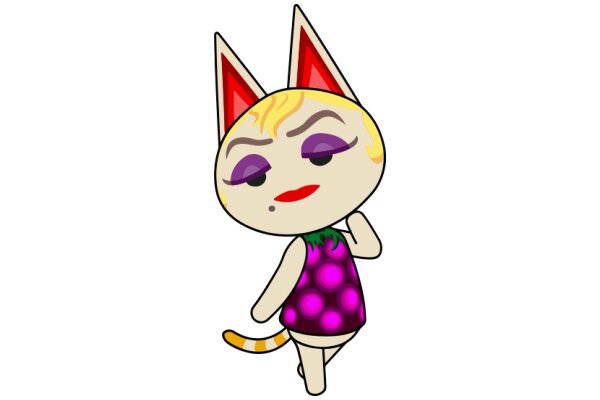 An Adorable Cartoon Cat with a Purple Dress and Red Ears, Striking a Pose