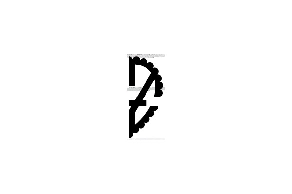 A Gothic-style letter D with decorative scalloped edges.