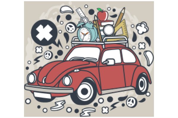 Vintage Illustration: A Red Volkswagen Beetle with a Surfboard and a Clock, Surrounded by a Whimsical Collection of Items and Symbols