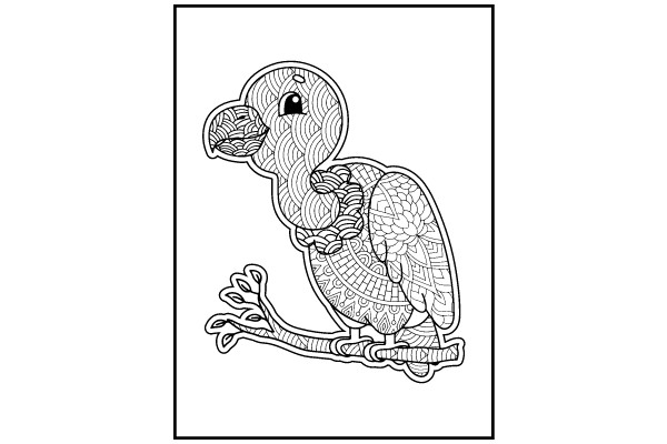 Stylized Line Drawing of a Bird with Patterned Feathers