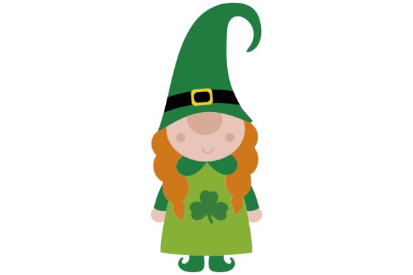 A Whimsical St. Patrick's Day Character: A Cartoon Girl in a Green Dress and Hat, Celebrating the Holiday with a Four-Leaf Clover
