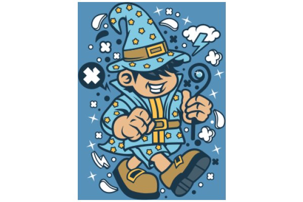 Whimsical Wizard's Adventure: A Playful Illustration of a Cartoon Wizard in a Blue Robe, Surrounded by Stars and Clouds, with a Smiling Expression and a Cane in Hand.