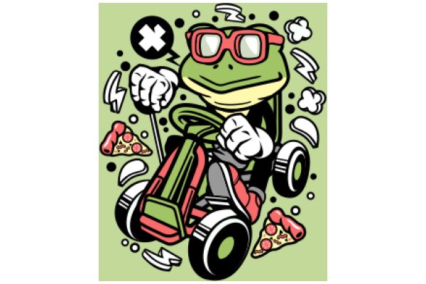 Futuristic Frog Adventure: A Playful Illustration of a Frog Riding a Scooter with a Pizza and a Lightning Bolt