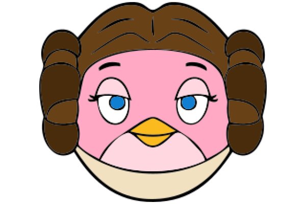 A Whimsical Portrait of a Pink Bird with Brown Hair and a Yellow Beak