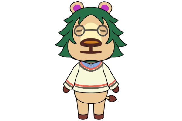 An Adorable Cartoon Character: A Brown Bear with Green Hair and Glasses, Wearing a Cozy White Sweater and a Blue Tie, Standing on Two Legs.