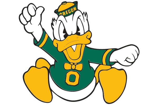 Cheerful Cartoon Duck in University Colors Celebrating