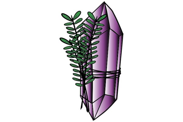 Stylized Illustration of a Purple Gem-like Structure with Green Leaves