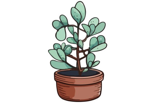 A Whimsical Illustration of a Potted Plant with Green Leaves and a Brown Pot