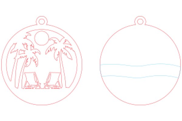 A Red and White Illustration of a Beach Scene with Two Chairs and Palm Trees