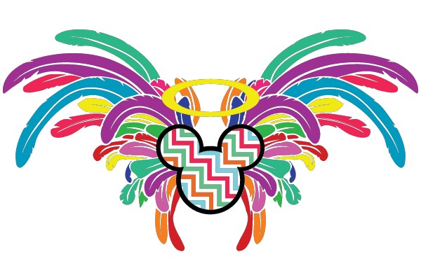 Vibrant and Colorful Artwork Featuring a Whimsical Character with a Halo and Mickey Mouse Ears