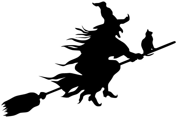 Witch on Broomstick with Cat Silhouette