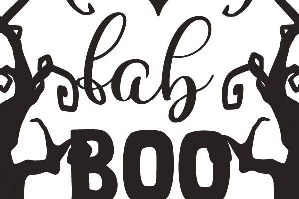 Halloween-themed graphic with spooky trees and a bat design, featuring playful typography.
