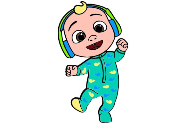 Vibrant Cartoon Baby in Blue Pajamas and Headphones, Smiling and Ready for Fun!