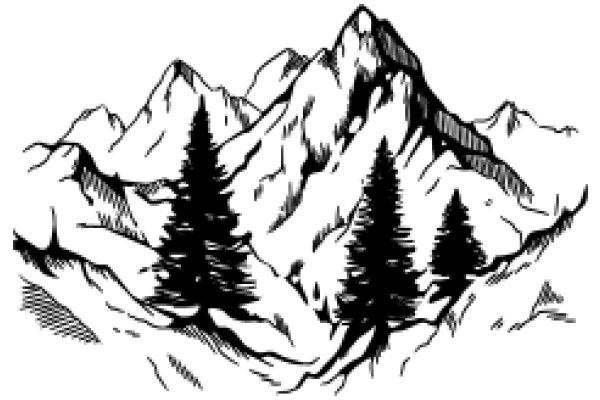 Illustration of a Mountainous Landscape with Trees and Peaks