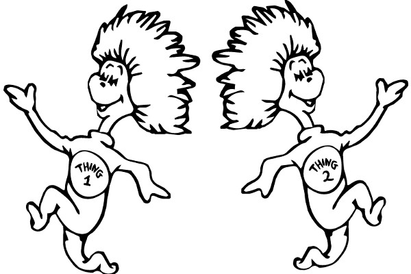 A Playful Cartoon of a Character with a Huge Smile and a Feathered Hairdo, Waving and Saying 'Thing 1' and 'Thing 2'.