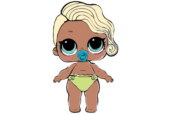 A stylized illustration of a baby with blonde hair, wearing a yellow diaper, and blowing a blue bubble with a pacifier in its mouth.