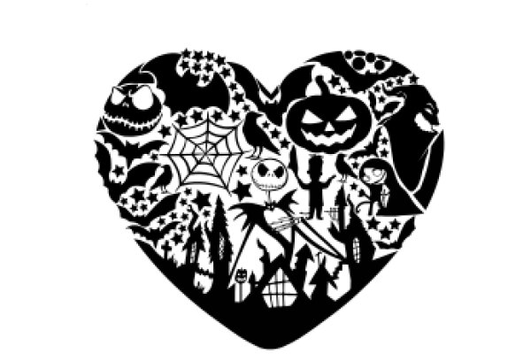 A Halloween-themed silhouette of a heart, filled with various spooky elements and characters.