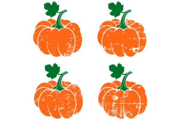 Vintage Autumn Harvest: A Collection of Four Distinct Orange Pumpkins with Green Stems and Leaves