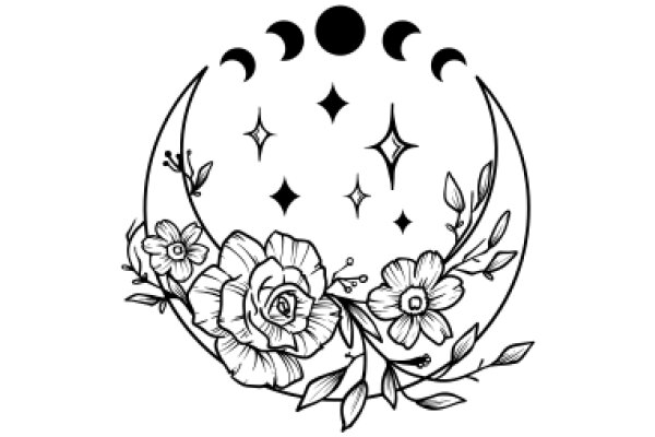 Moonlit Garden: A Floral Illustration with a Crescent Moon and Stars